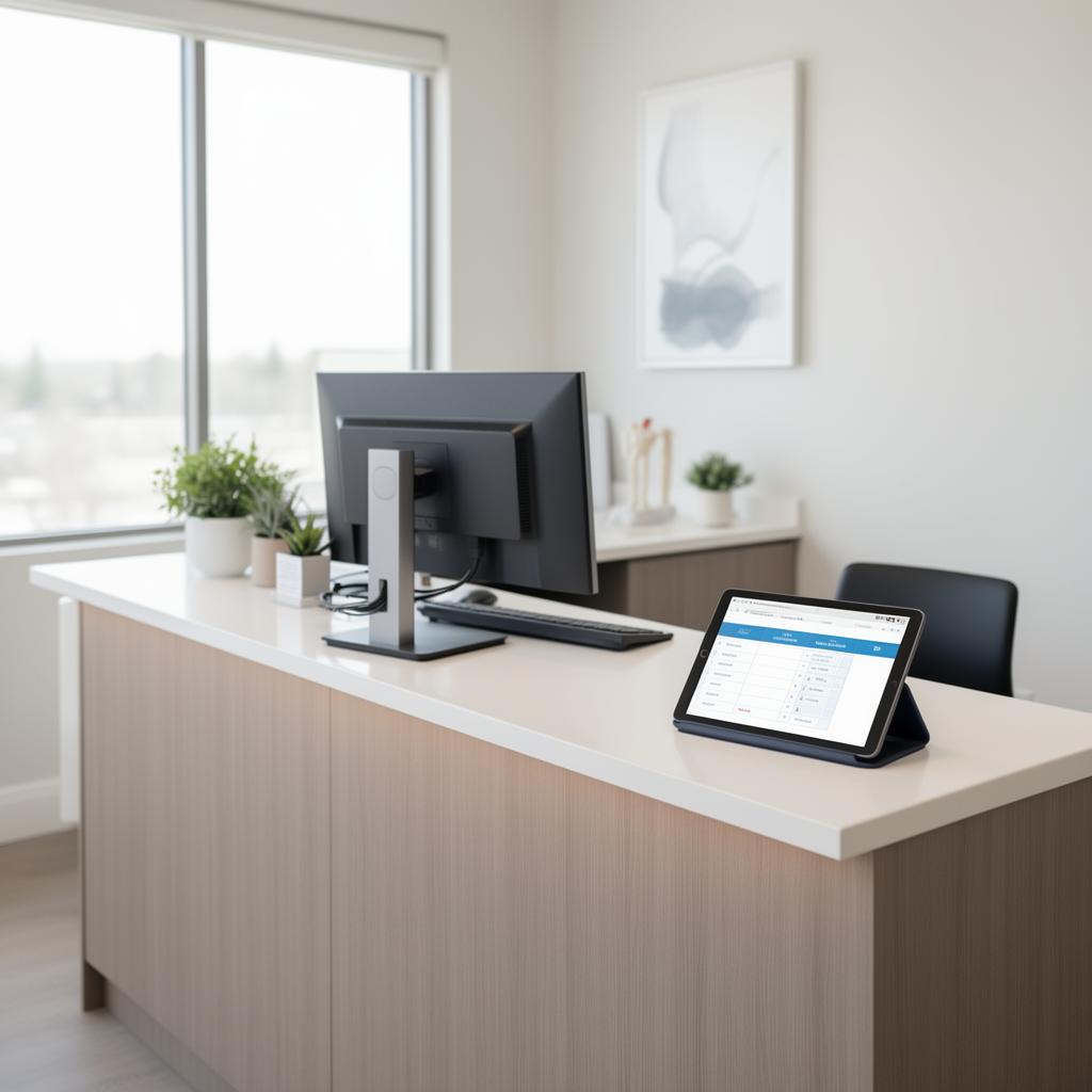 A clean front desk at a modern chiropractic office with a workstation and patient intake tablet