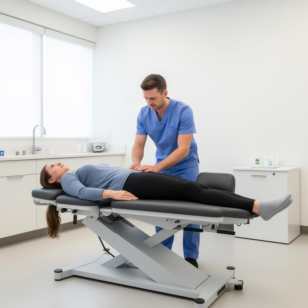 Chiropractor adjusting a patient in a modern, clean clinic